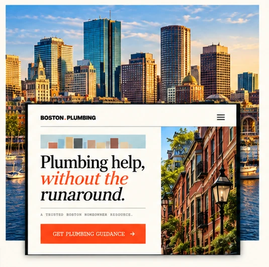 Boston.plumbing website displayed over Boston skyline