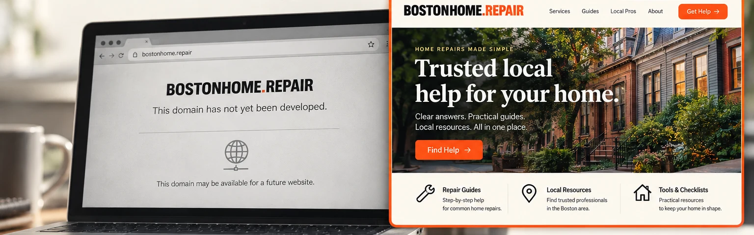 Undeveloped BostonHome.Repair domain beside a clearly labeled concept for potential development